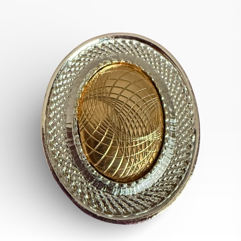 Gold and Silver Art Deco Engraved Textured Oval Scarf Clip- Vintage